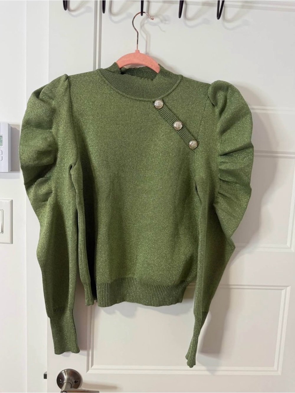 Olive Green Puff-Sleeve Sweater with Decorative Buttons